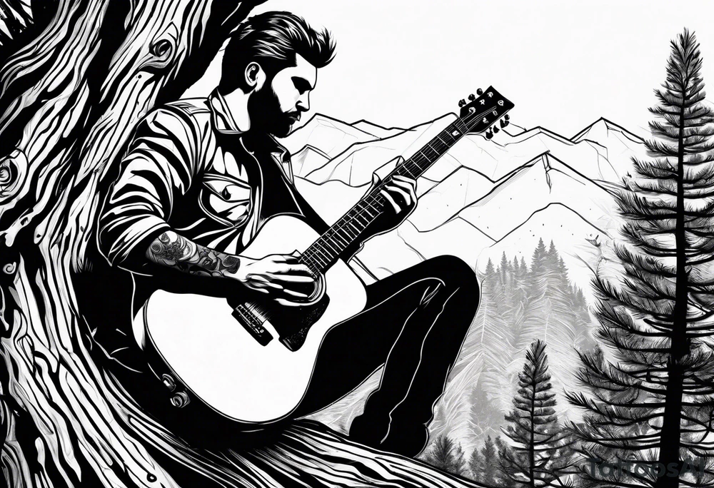 silhouette of a man sitting in a pine tree playing electric guitar tattoo idea