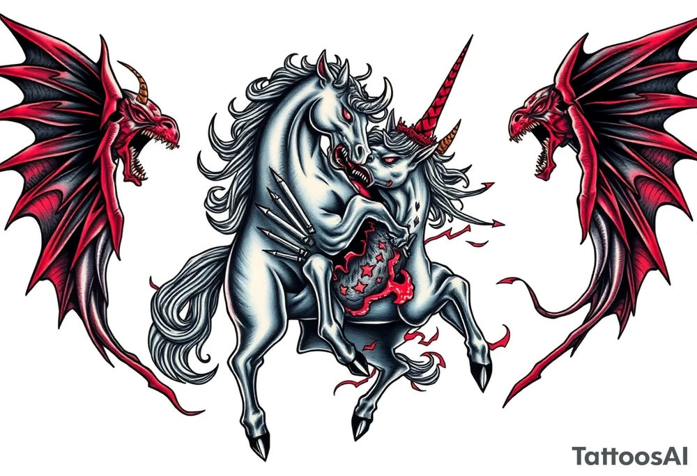 Dark unicorn evil and angry fighting with demons tattoo idea