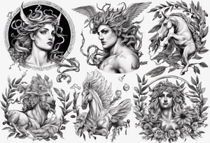 Greek mythology sleeve with Medusa, Zeus, olive branches and a Pegasus tattoo idea