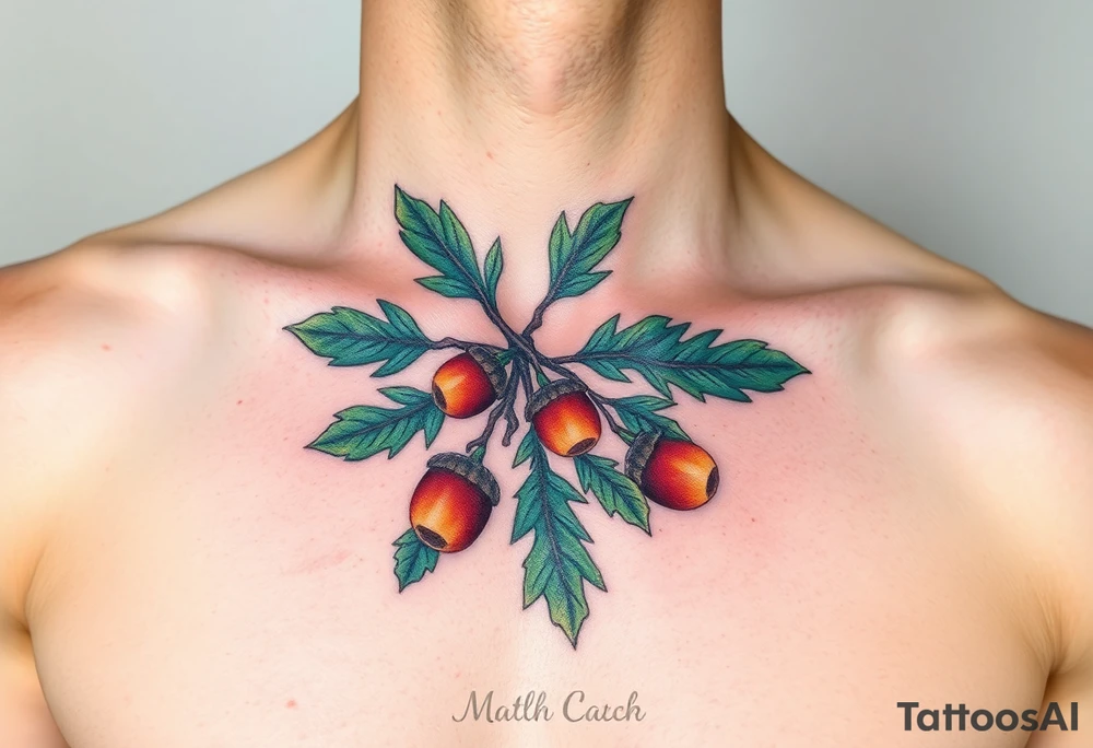 on the chest an oak branch with thick leaves and acorns oak branch with thick leaves and acorns tattoo idea