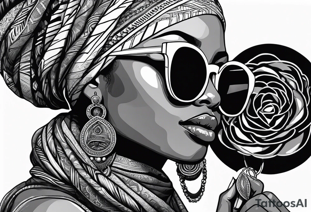 Muslim African woman  with snake dreads biting money sun glasses tattoo idea