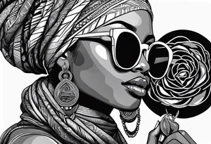 Muslim African woman  with snake dreads biting money sun glasses tattoo idea