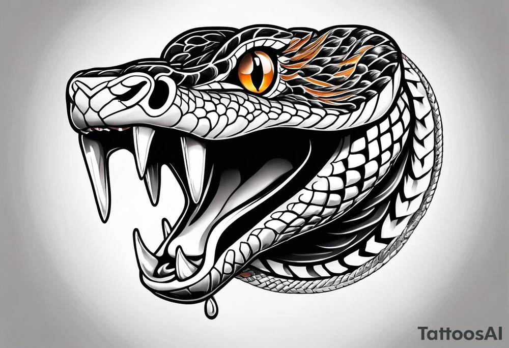 black and white drawing of a snake head with copper eyes an open mouth tattoo idea