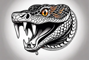 black and white drawing of a snake head with copper eyes an open mouth tattoo idea
