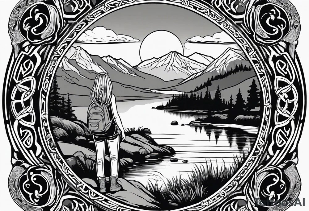 Whole picture encircled fully

Straight long blonde hair hippie girl in distance holding mushrooms in hand facing away toward mountains and creek surrounded by mushrooms long sleeve shirt and hiking pants; whole rendering within a full celtic circle border, no cut off circle tattoo idea