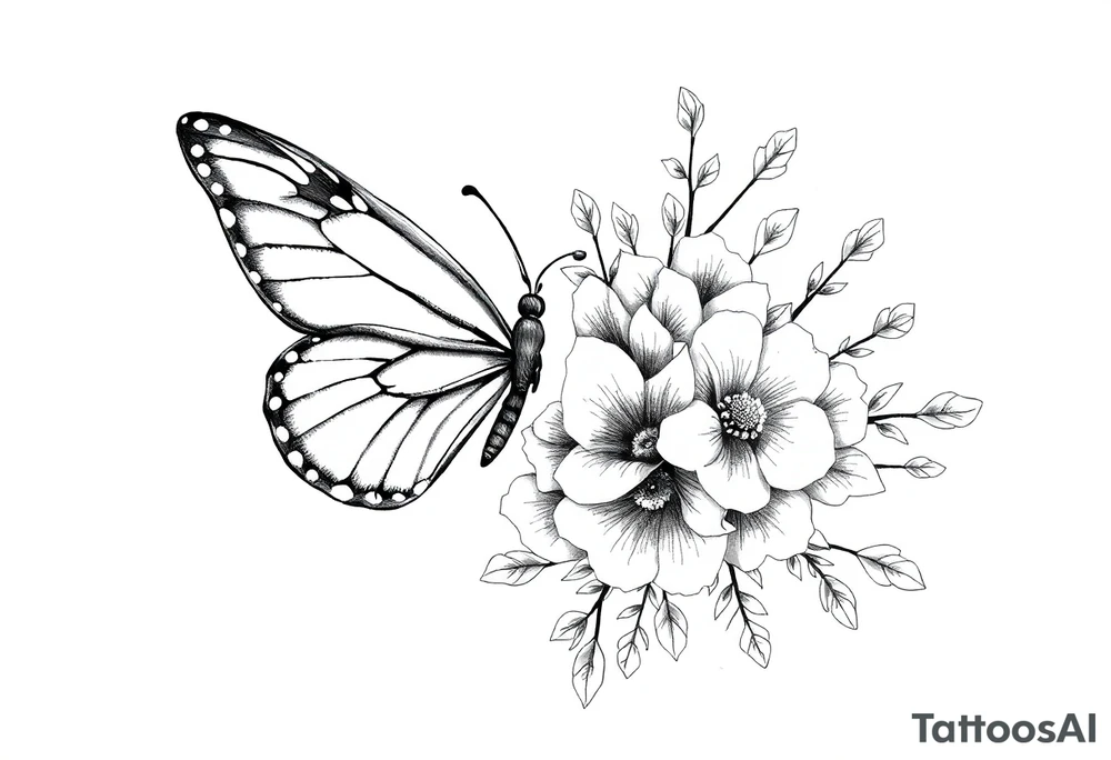 Butterfly left half real right half floral tattoo idea
