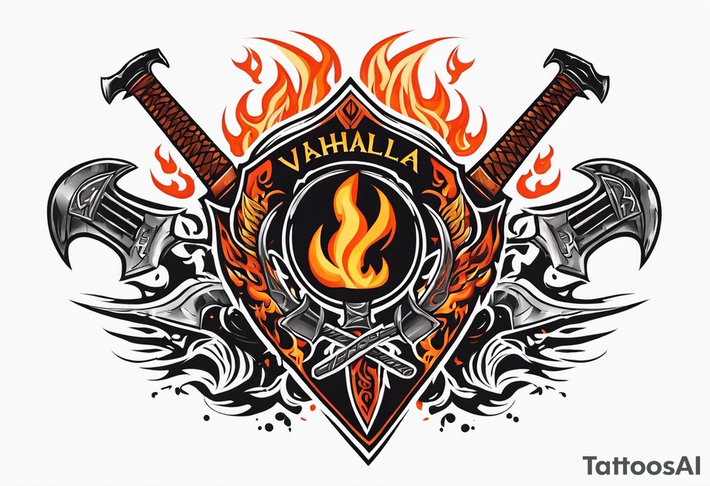 valhalla on fire sword shield axe warrior tattoo idea