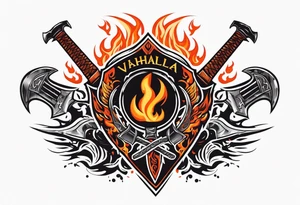 valhalla on fire sword shield axe warrior tattoo idea