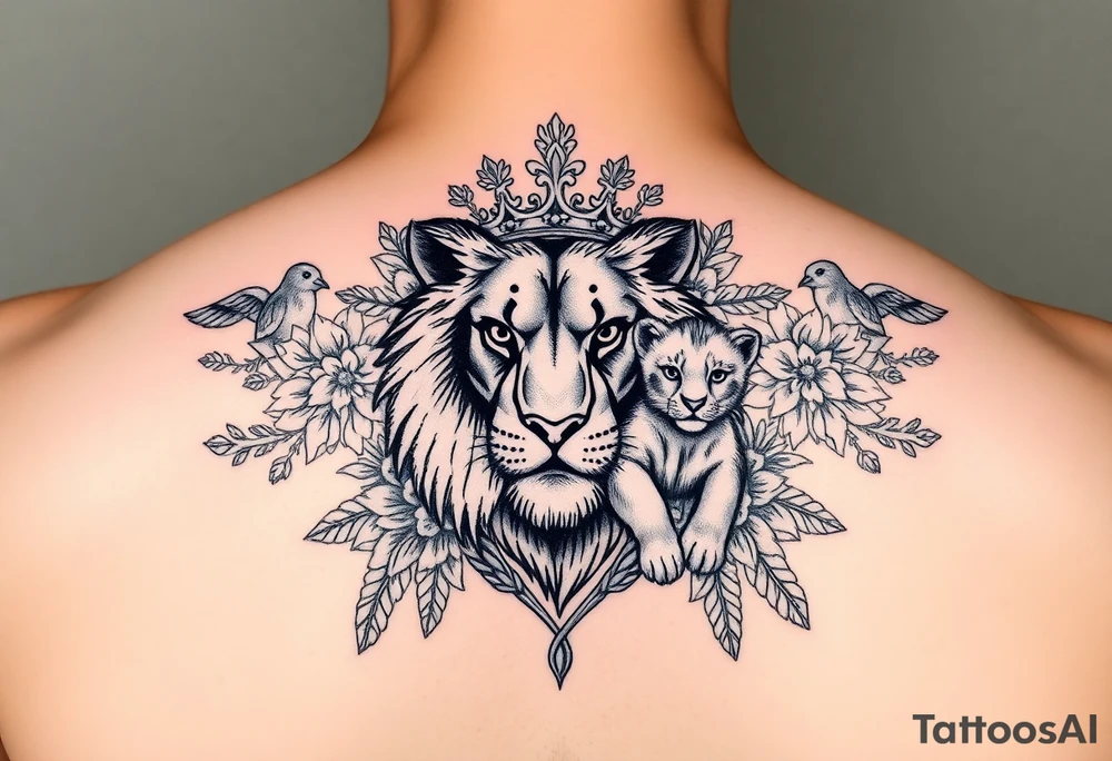 powerful majestic lion and cub with a crown, surrounded by floral ornaments and birds tattoo idea