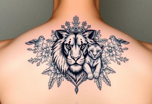 powerful majestic lion and cub with a crown, surrounded by floral ornaments and birds tattoo idea