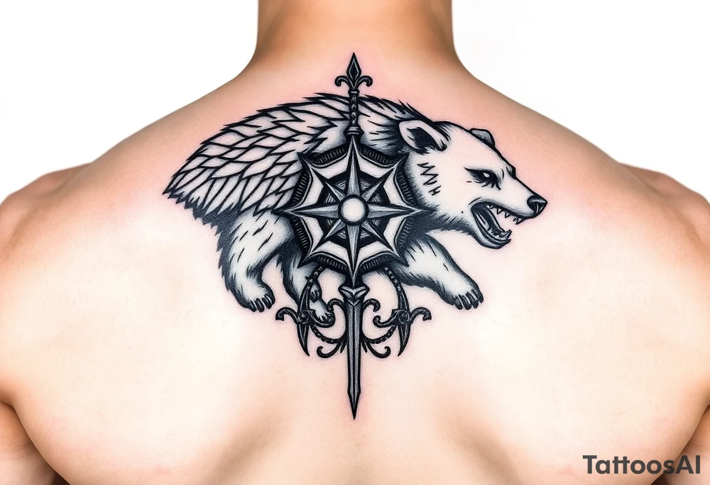 Nordic Viking themed bear on shoulder Vegvisir symbol tribal elder furthark bicep band tattoo idea
