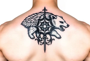 Nordic Viking themed bear on shoulder Vegvisir symbol tribal elder furthark bicep band tattoo idea
