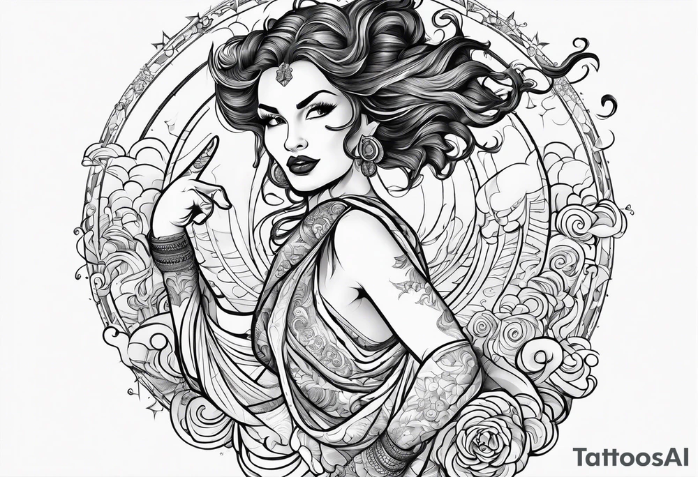Silly. odd woman ugly dancing pointing her fingers up in the sky. tattoo idea