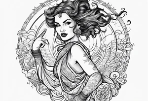 Silly. odd woman ugly dancing pointing her fingers up in the sky. tattoo idea