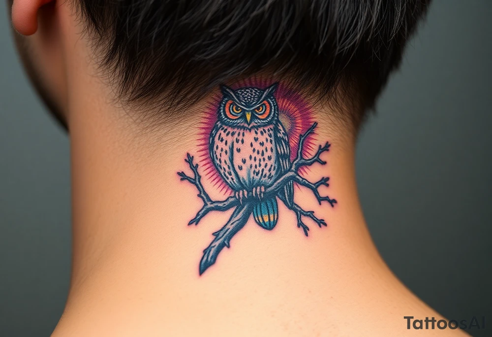 wise owl perched on ancient oak branch under starlit sky tattoo idea