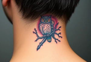 wise owl perched on ancient oak branch under starlit sky tattoo idea