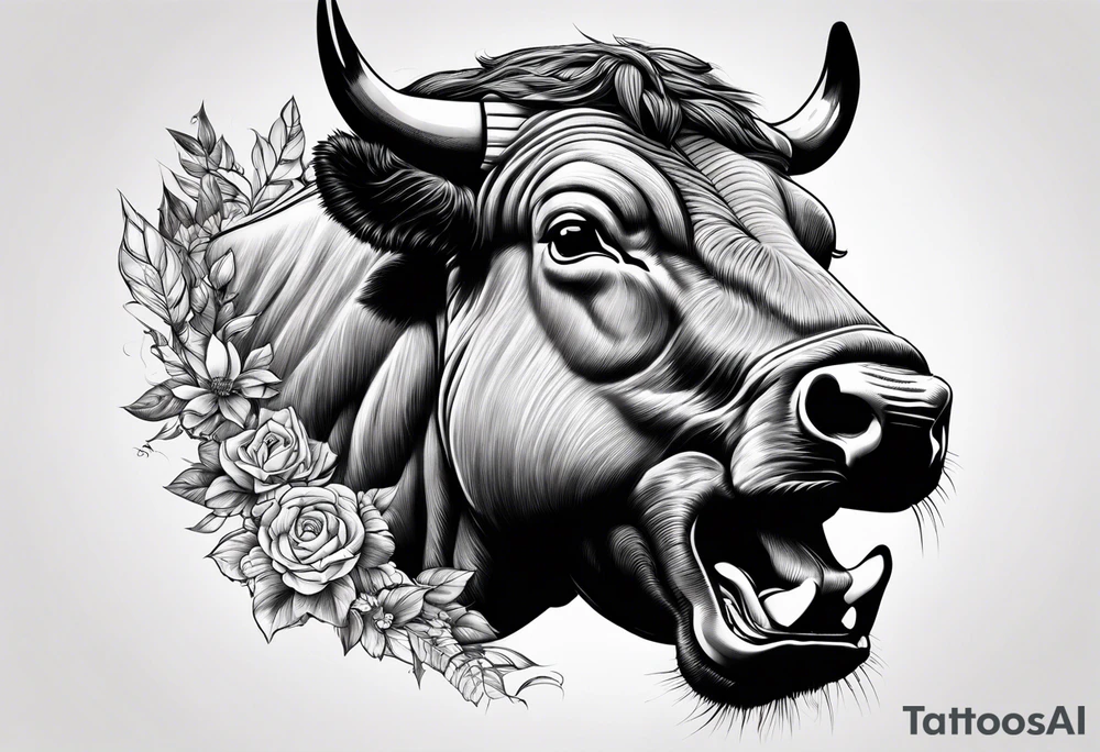 raging bull head busting through tattoo idea