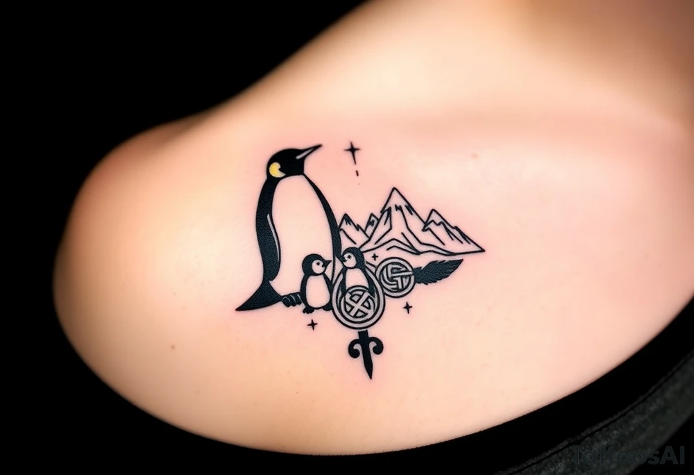 compilation outlining important things in my life such as one adult emperor penguin and 3 baby penguins, celtic trinity knot, mountains/nature, the green bay packers, and something to represent my 3 boys tattoo idea