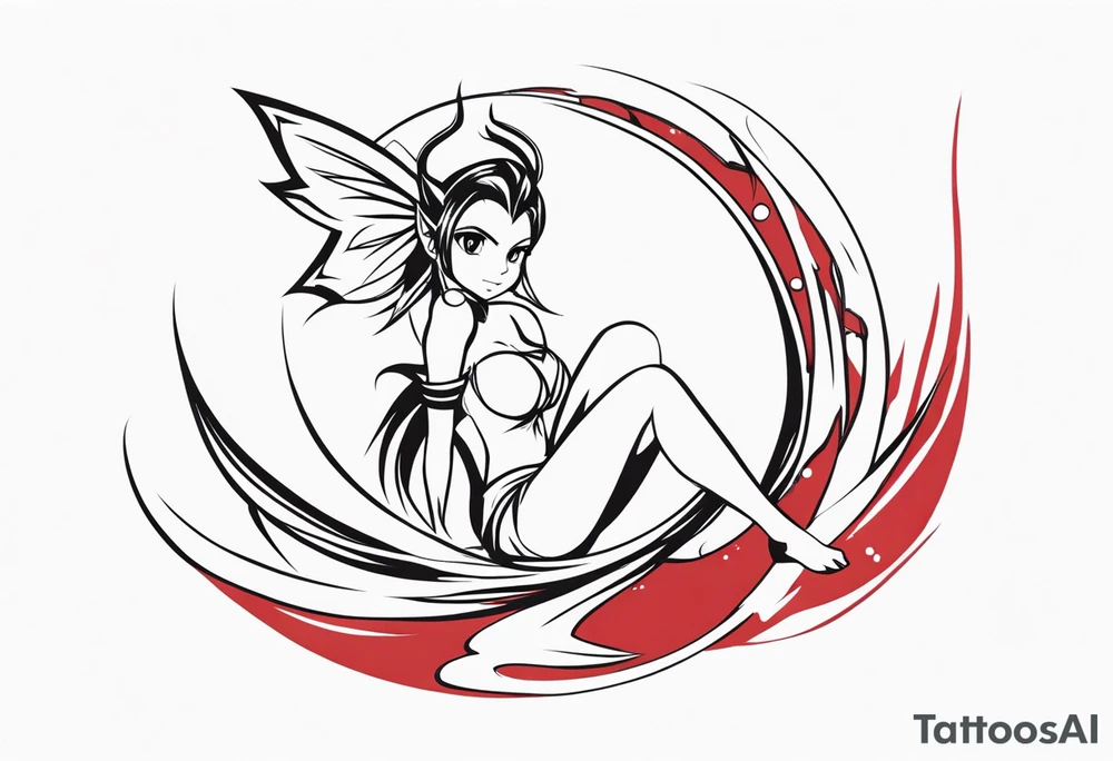 A fairy with a tail inspired by the logo of the anime show called Fairy Tail in a fetal position leaning in tattoo idea