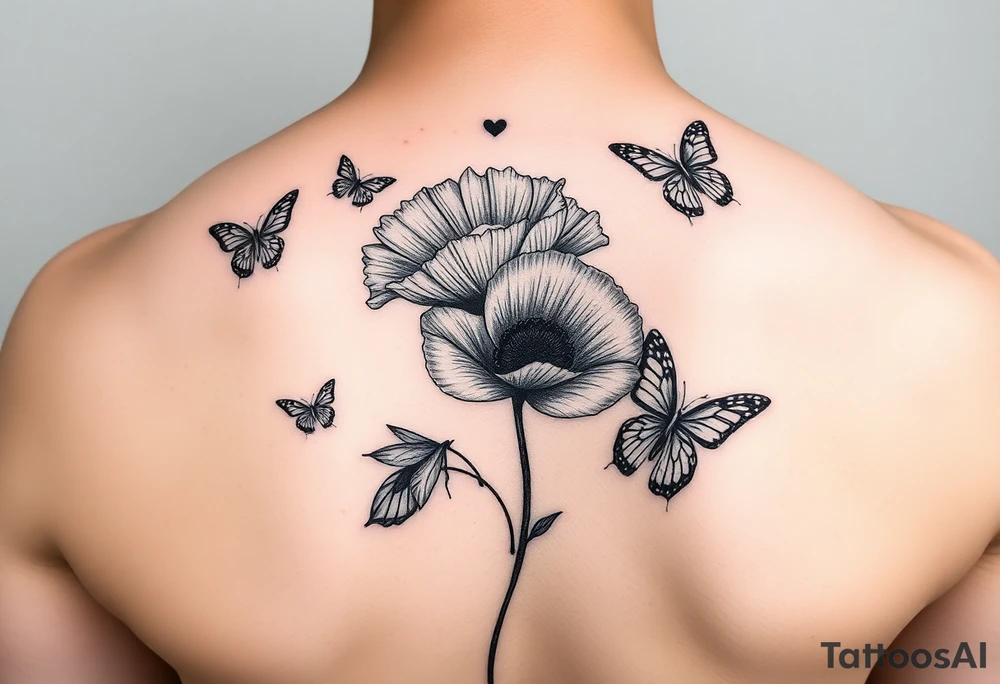 Mama of two baby girls tattoo with poppy flower and butterflies tattoo idea