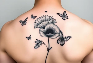Mama of two baby girls tattoo with poppy flower and butterflies tattoo idea