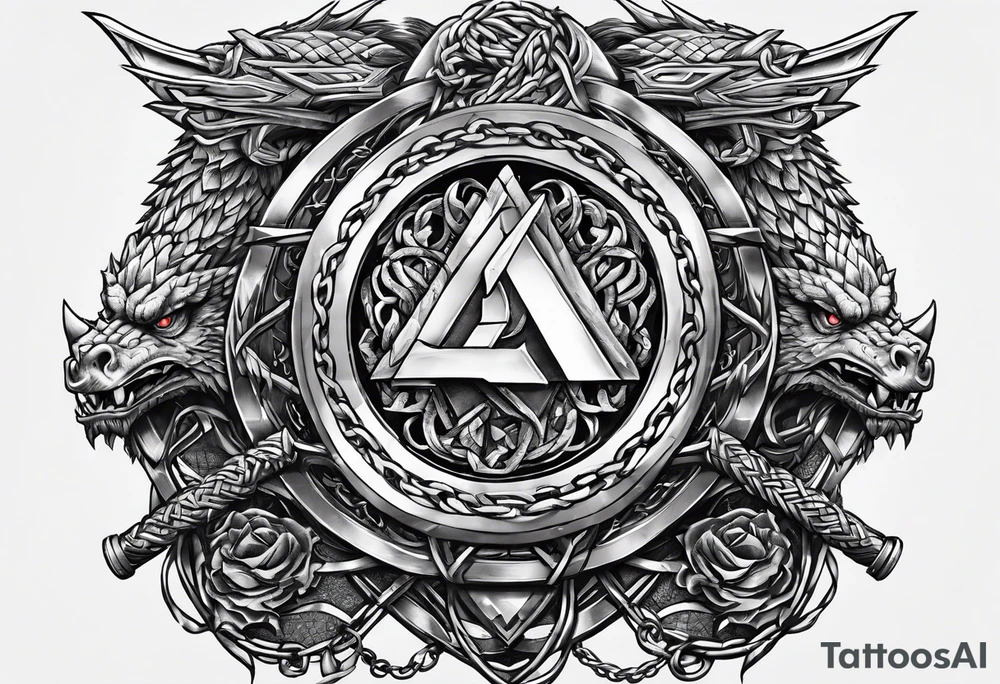 Valhalla sword shield dragon axe Valknut barbed wire chains tattoo idea