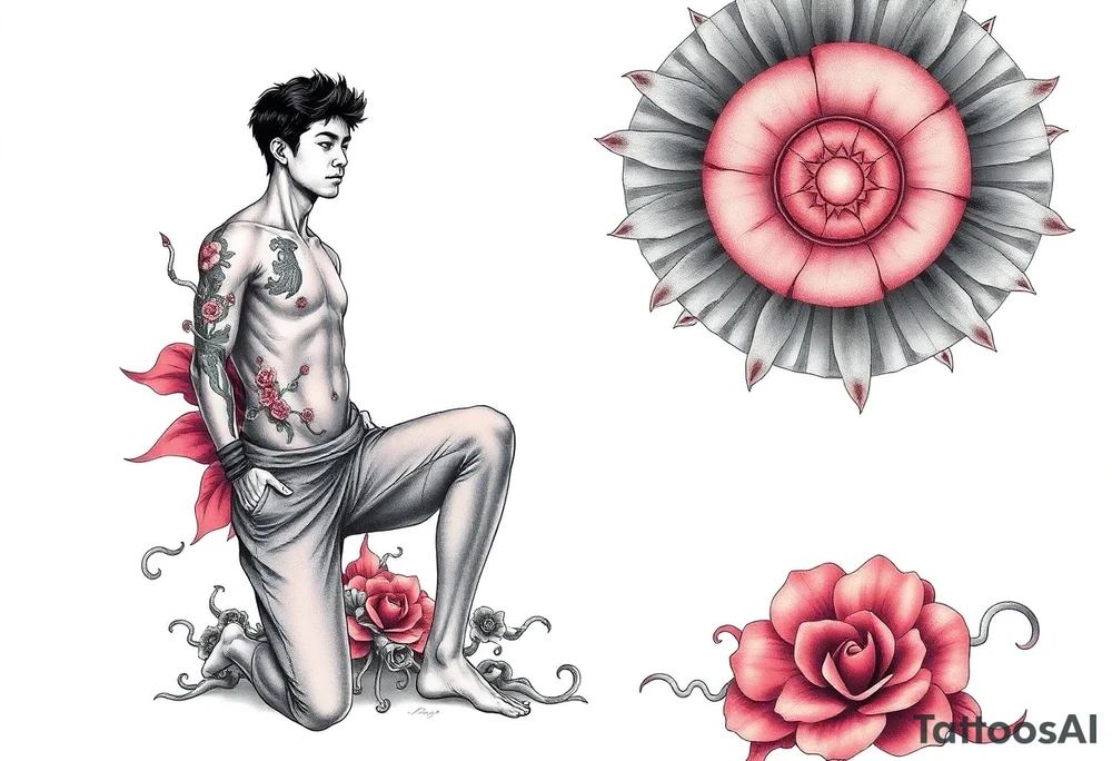 Handsome Asian young guy is standing on his knees tattoo idea