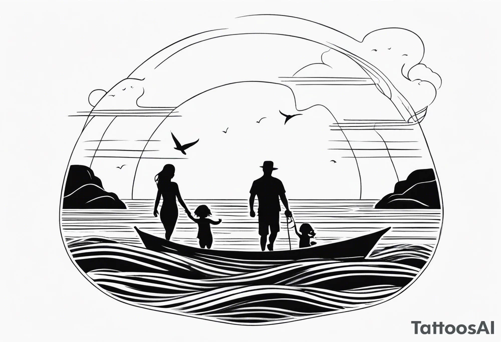 Black and white, single needle, minimal Line work tattoo with a dad and his two toddler daughters in the ocean. tattoo idea