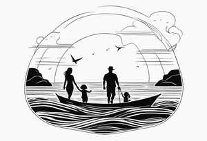 Black and white, single needle, minimal Line work tattoo with a dad and his two toddler daughters in the ocean. tattoo idea