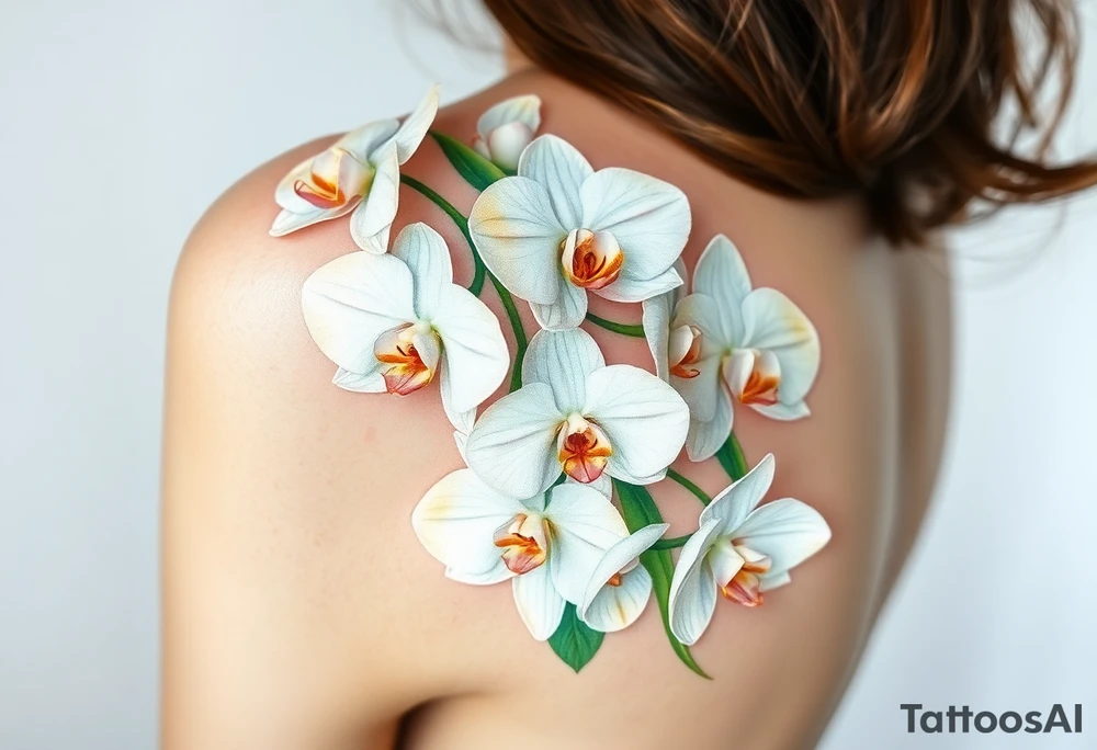 A cluster of white orchids cascading down a shoulder, surrounded by soft green leaves and golden accents. tattoo idea