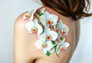 A cluster of white orchids cascading down a shoulder, surrounded by soft green leaves and golden accents. tattoo idea