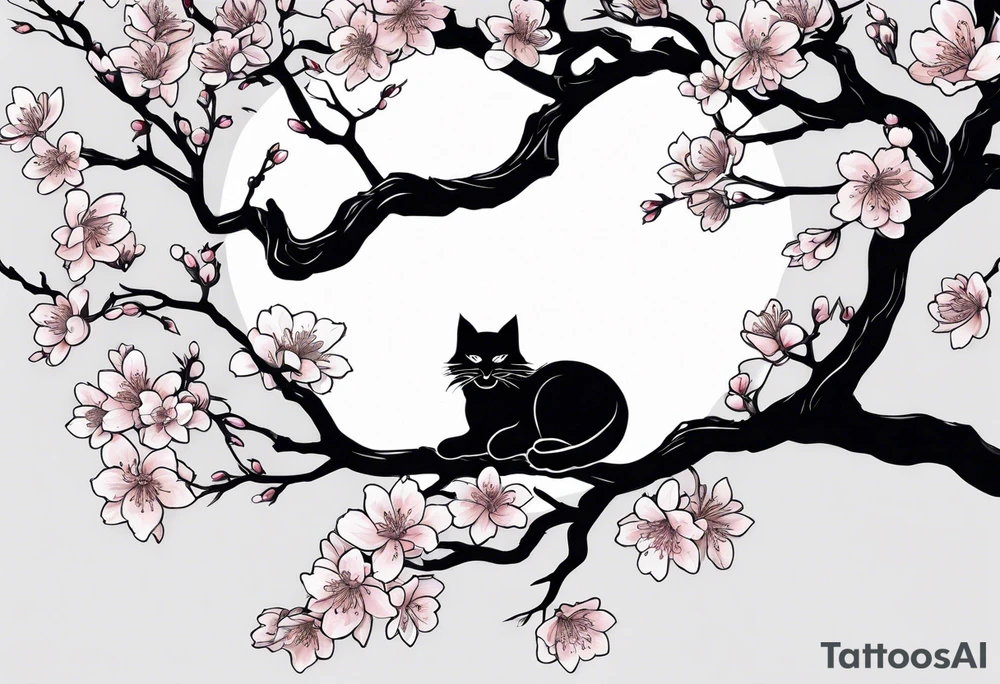 elongated cherry blossom branch meeting with a dying pine tree with hidden cute demon cat tattoo idea