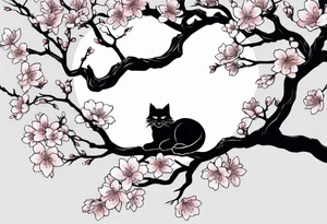 elongated cherry blossom branch meeting with a dying pine tree with hidden cute demon cat tattoo idea