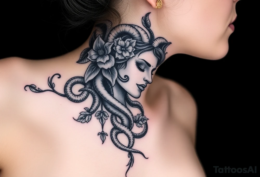 Medusa with snakes and flowers tattoo idea