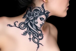 Medusa with snakes and flowers tattoo idea