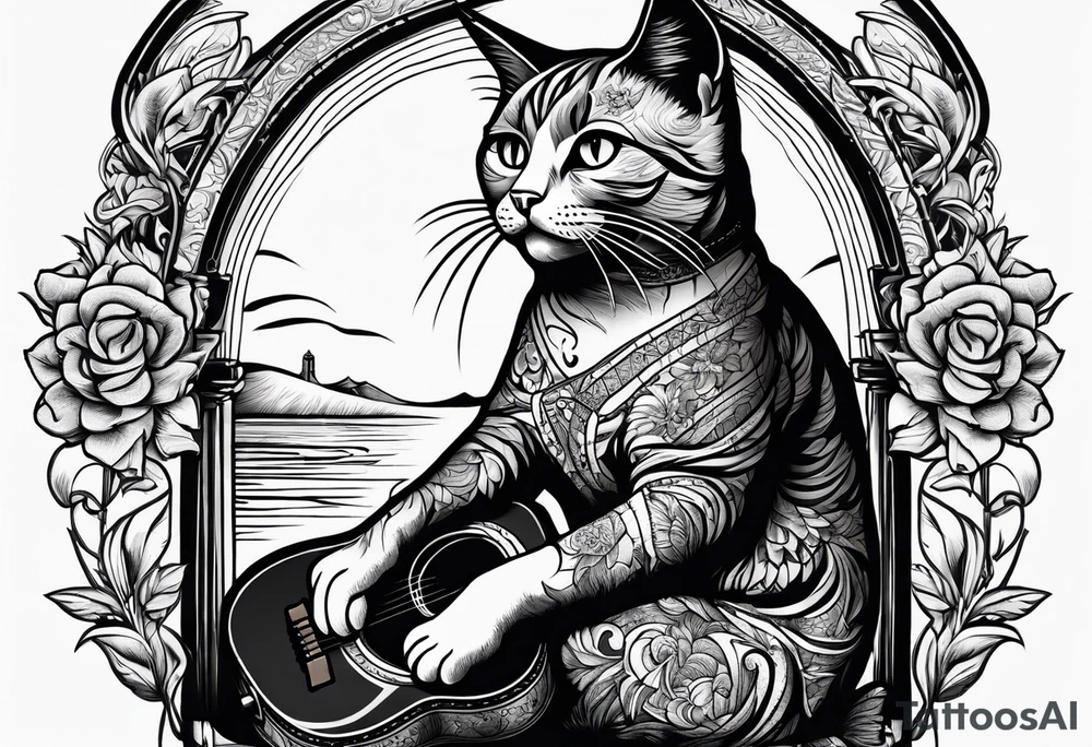 A cat playing acoustic guitar and sitting on a cajon. tattoo idea