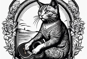 A cat playing acoustic guitar and sitting on a cajon. tattoo idea