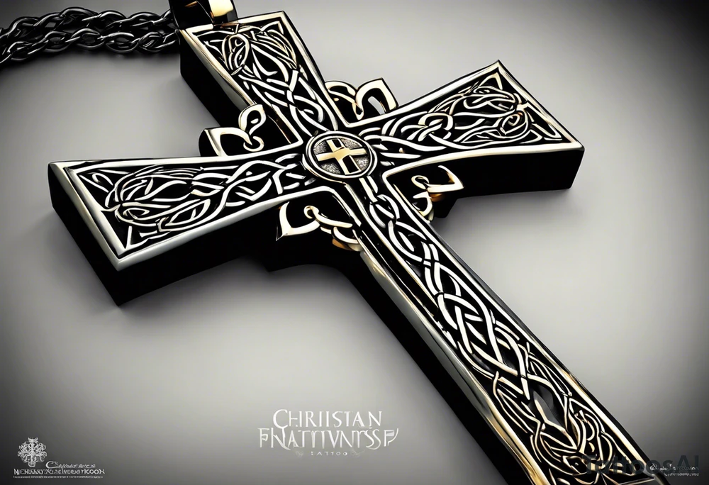 The tattoo features a Christian cross with a sharp lower end firmly planted into the ground. From the base of the cross, intricate roots extend outwards, symbolizing strength, growth, and deep roots in faith. The cross itself is adorned with intricate details, perhaps featuring Celtic or ornate patterns to add depth and texture.

On either side of the cross, two colossal dragon wings spread outwards, enveloping the cross in a protective embrace. The wings are dynamic and detailed, with scales, veins, and fine feather-like structures to convey the power and majesty of the mythical creature.

At the intersection of the cross, where the vertical and horizontal beams meet, there is a mesmerizing eyeball intricately depicted. The eye is detailed with vibrant colors and realistic shading, representing spiritual insight, watchfulness, and divine presence. tattoo idea