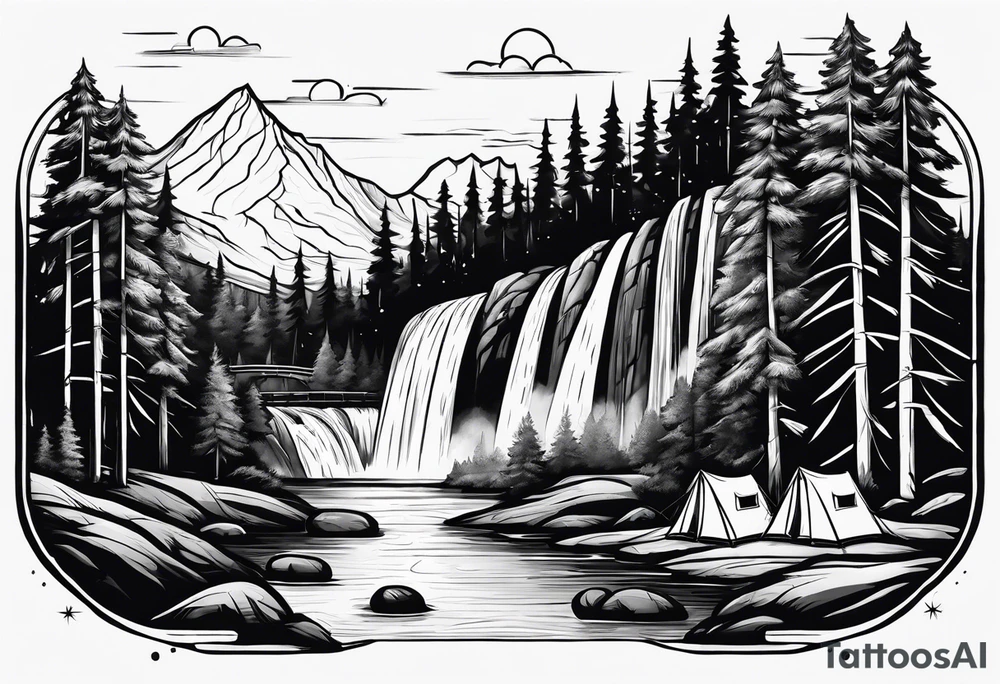 waterfall going into a river with a camp site tattoo idea