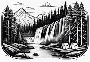 waterfall going into a river with a camp site tattoo idea