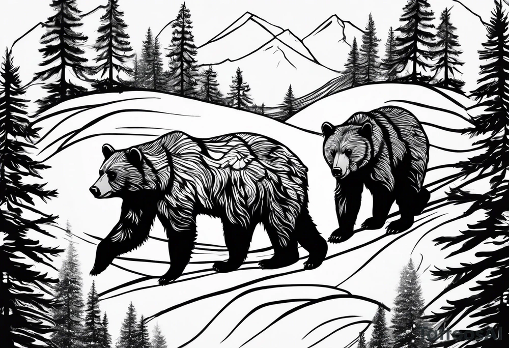 The tattoo shows a mother bear holding two bear cubs in her arms. A small bear cub and a larger bear cub. The bears are surrounded by fir trees and rocks. There is written „no matzer what i got your back“ above and under tattoo idea