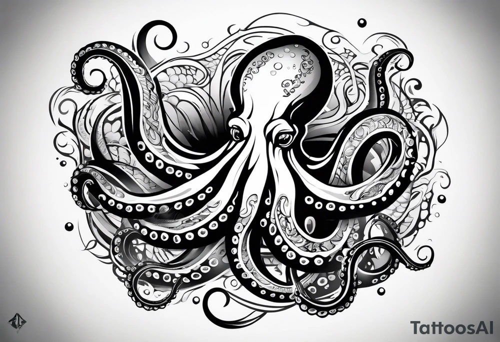 Tribal half sleeve. octopus surrounded by ribbons of water waves filled with fish. the octopus has no eyes. Use thick lines only with less detail. tattoo idea