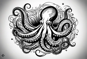 Tribal half sleeve. octopus surrounded by ribbons of water waves filled with fish. the octopus has no eyes. Use thick lines only with less detail. tattoo idea