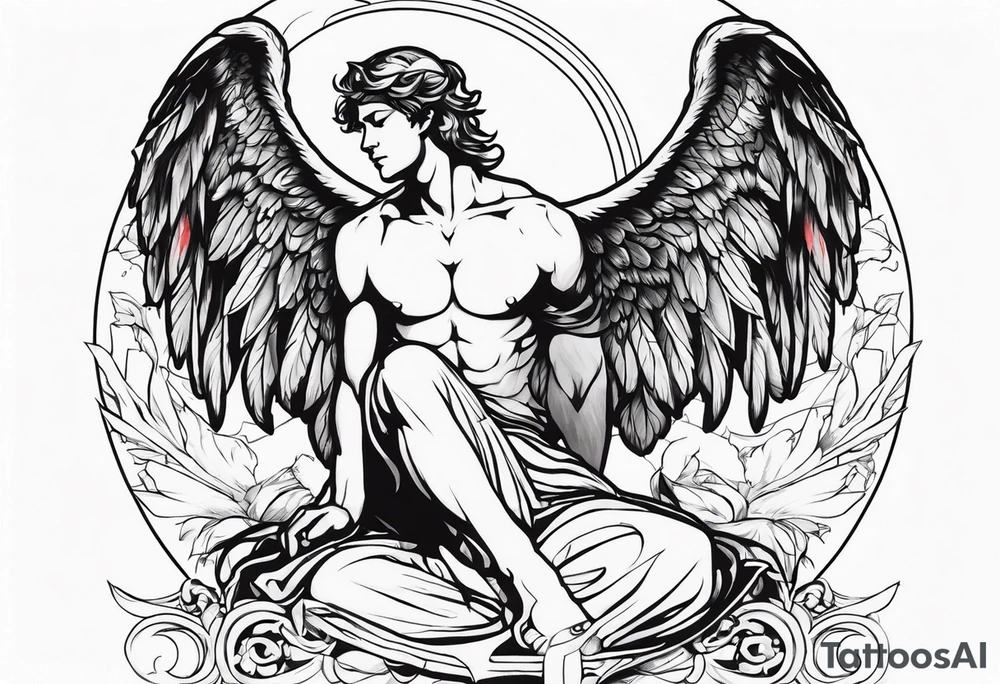 male angel with wings and a halo sitting peacefully casting tattoo idea