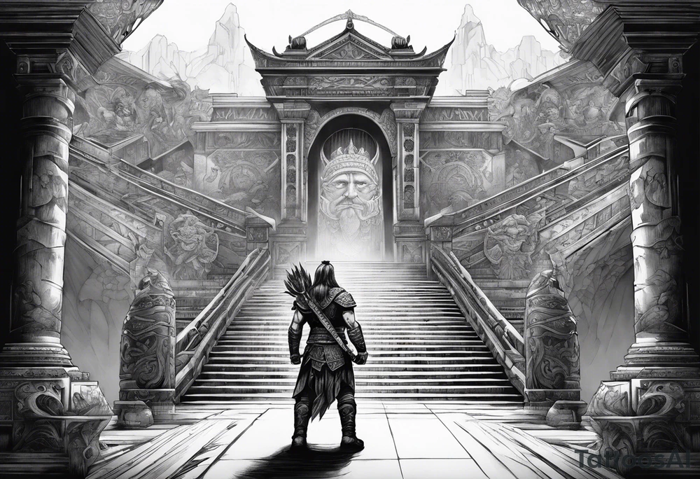 The warrior is standing in front of the staircase that leads to the gate to the valhalla. tattoo idea