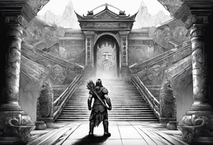 The warrior is standing in front of the staircase that leads to the gate to the valhalla. tattoo idea
