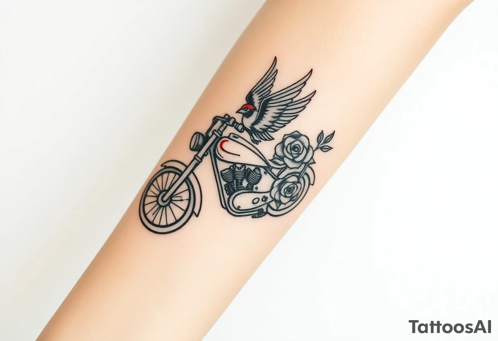 Motorcycle with a red bird flying with roses and lace with flames tattoo idea