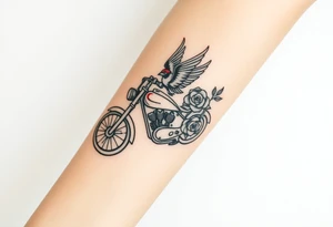 Motorcycle with a red bird flying with roses and lace with flames tattoo idea