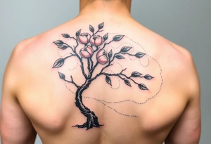 Peach tree with names scripted as branches tattoo idea