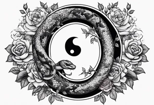 Tree yin and yang with a pasture of roses and a snake at the bottom tattoo idea